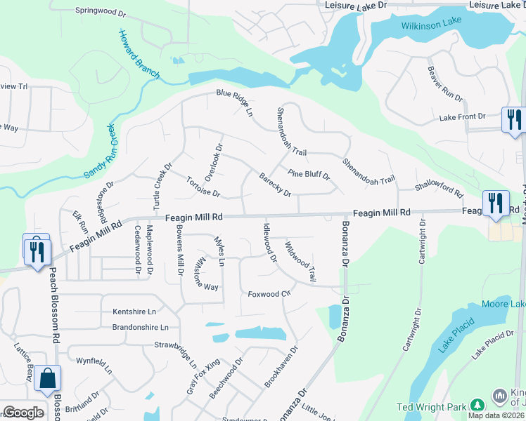 map of restaurants, bars, coffee shops, grocery stores, and more near 302 Tortoise Way in Warner Robins