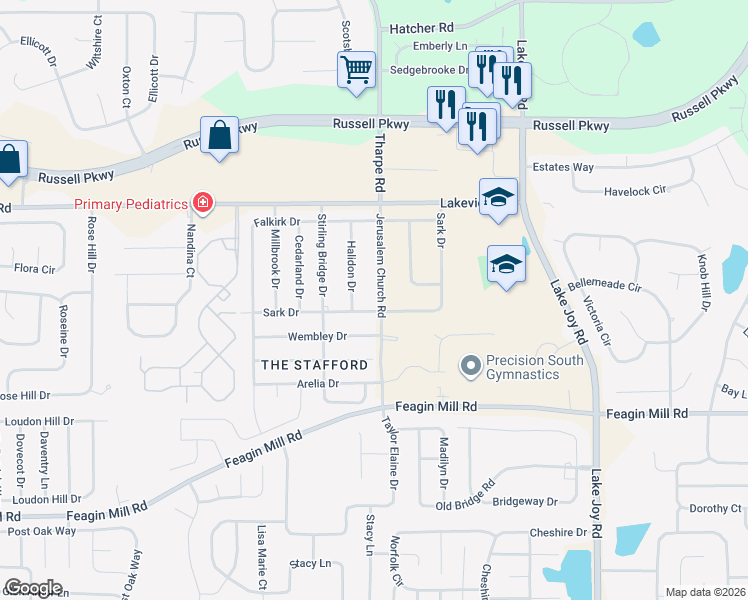 map of restaurants, bars, coffee shops, grocery stores, and more near 219 Jerusalem Church Road in Warner Robins