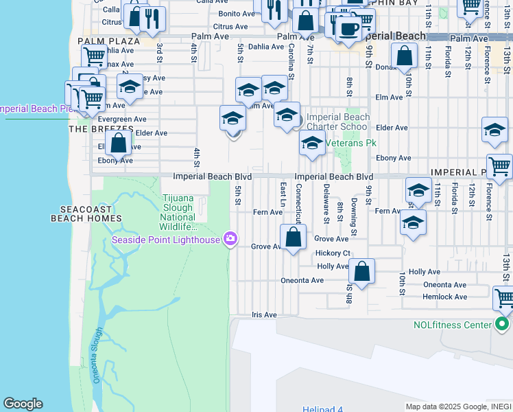 map of restaurants, bars, coffee shops, grocery stores, and more near 1181 California Street in Imperial Beach