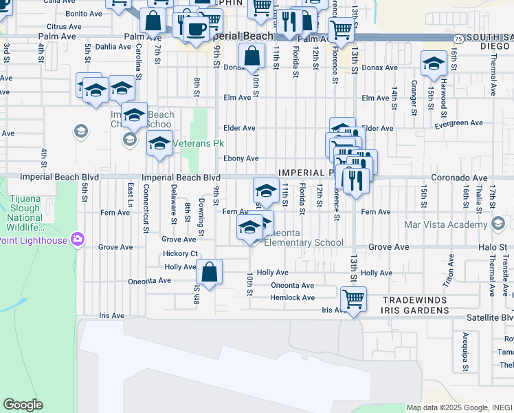 map of restaurants, bars, coffee shops, grocery stores, and more near 1164 Ivy Lane in Imperial Beach