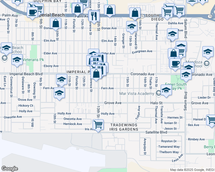 map of restaurants, bars, coffee shops, grocery stores, and more near 1163 Georgia Street in Imperial Beach