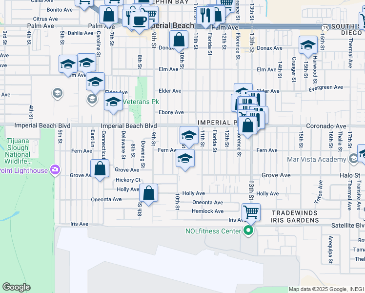 map of restaurants, bars, coffee shops, grocery stores, and more near 1164 Ivy Lane in Imperial Beach