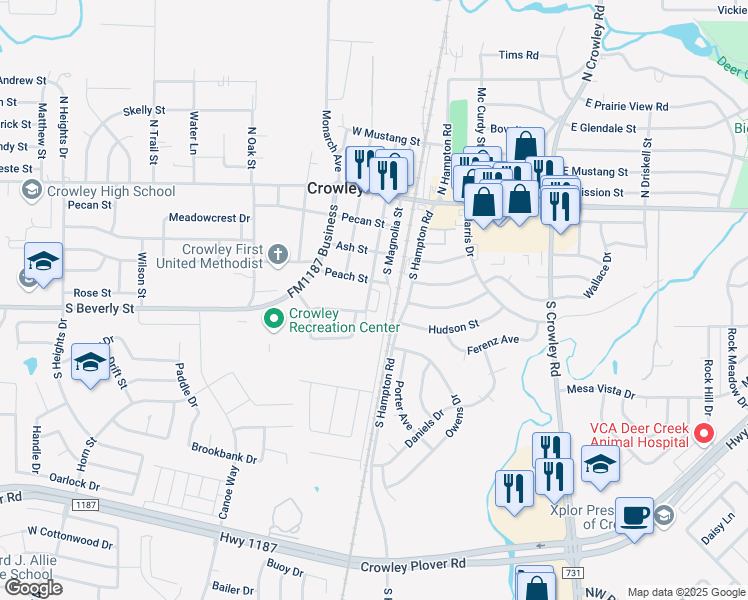 map of restaurants, bars, coffee shops, grocery stores, and more near 101 Peach Street in Crowley