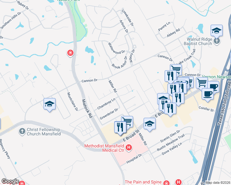 map of restaurants, bars, coffee shops, grocery stores, and more near 380 Colby Drive in Mansfield