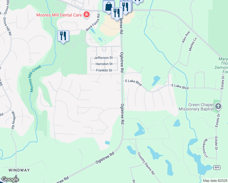 map of restaurants, bars, coffee shops, grocery stores, and more near 1409 Ogletree Road in Auburn