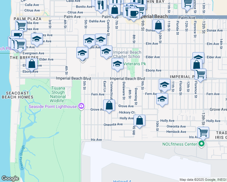 map of restaurants, bars, coffee shops, grocery stores, and more near 1149 Connecticut Street in Imperial Beach