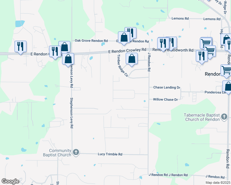 map of restaurants, bars, coffee shops, grocery stores, and more near 205 East Brian Street in Burleson