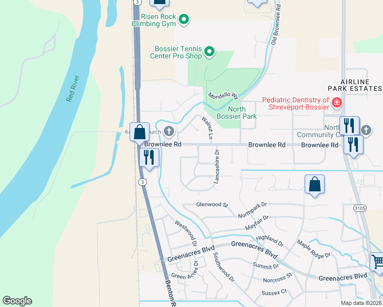map of restaurants, bars, coffee shops, grocery stores, and more near 2304 Brownlee Road in Bossier City