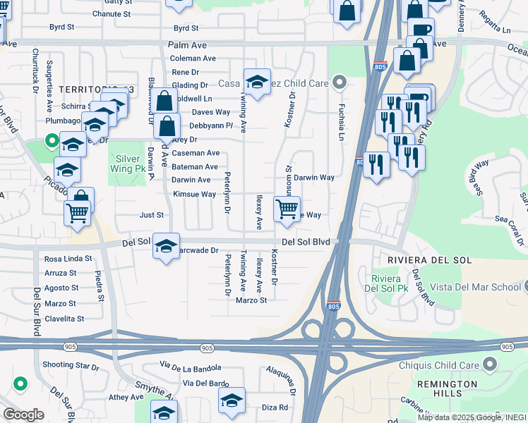 map of restaurants, bars, coffee shops, grocery stores, and more near 1195 Ilexey Avenue in San Diego