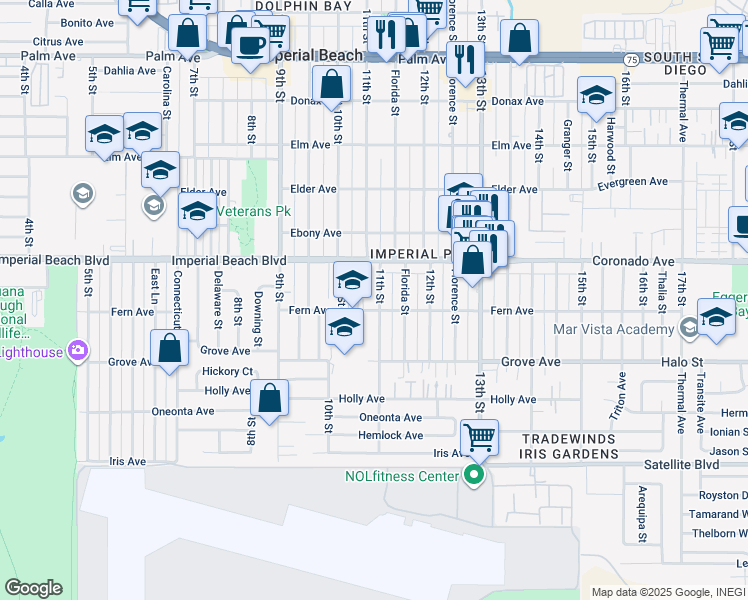 map of restaurants, bars, coffee shops, grocery stores, and more near 1037-1097 Imperial Beach Boulevard in Imperial Beach