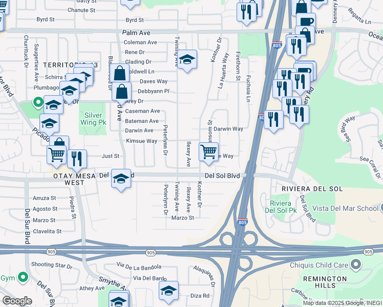 map of restaurants, bars, coffee shops, grocery stores, and more near 1195 Ilexey Avenue in San Diego