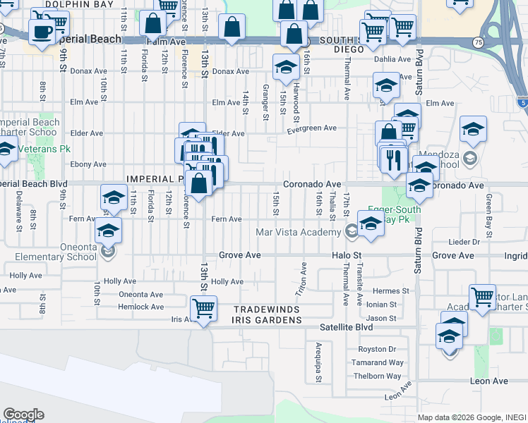 map of restaurants, bars, coffee shops, grocery stores, and more near 1149 Granger Street in Imperial Beach
