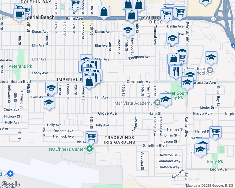 map of restaurants, bars, coffee shops, grocery stores, and more near 1149 Granger Street in Imperial Beach