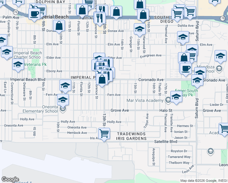 map of restaurants, bars, coffee shops, grocery stores, and more near 1163 Georgia Street in Imperial Beach