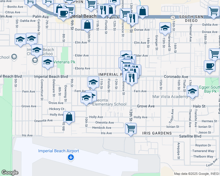 map of restaurants, bars, coffee shops, grocery stores, and more near 1166 Florida Street in Imperial Beach