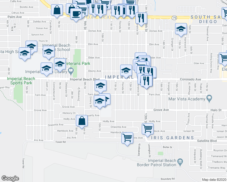 map of restaurants, bars, coffee shops, grocery stores, and more near 1037-1097 Imperial Beach Boulevard in Imperial Beach