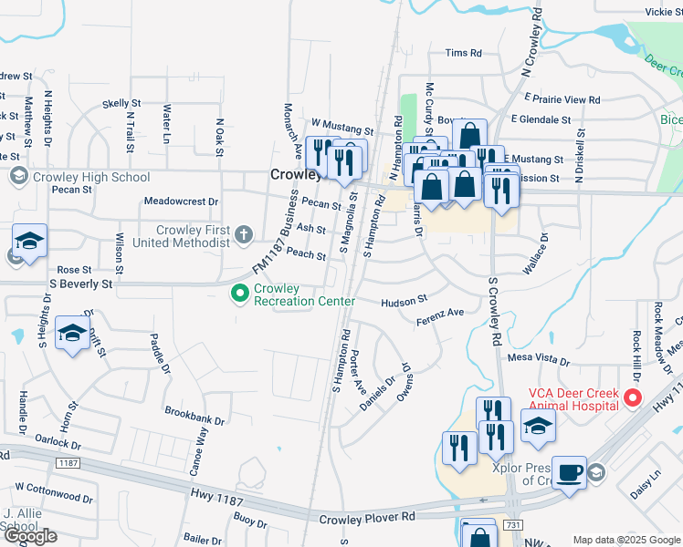 map of restaurants, bars, coffee shops, grocery stores, and more near 101 Peach Street in Crowley