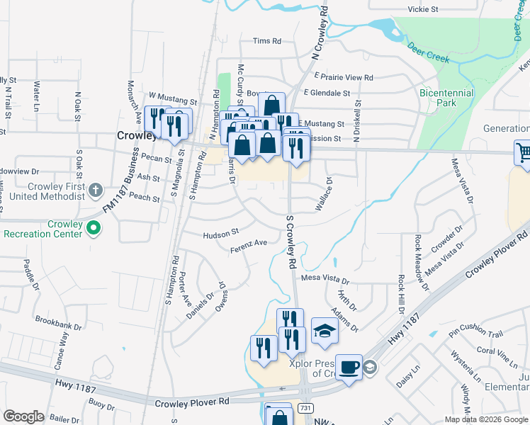 map of restaurants, bars, coffee shops, grocery stores, and more near 408 Wallace Drive in Crowley