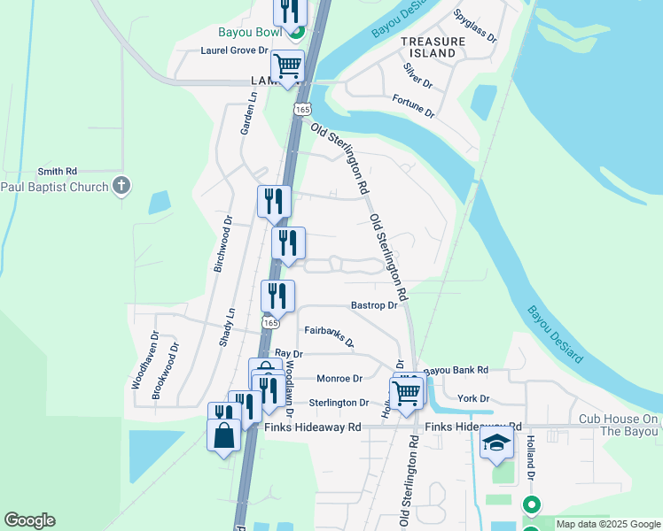 map of restaurants, bars, coffee shops, grocery stores, and more near Chauvin Pointe Drive in Monroe