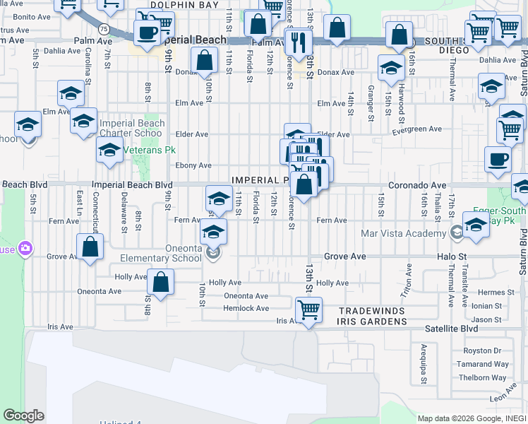 map of restaurants, bars, coffee shops, grocery stores, and more near 1181 Florida Street in Imperial Beach