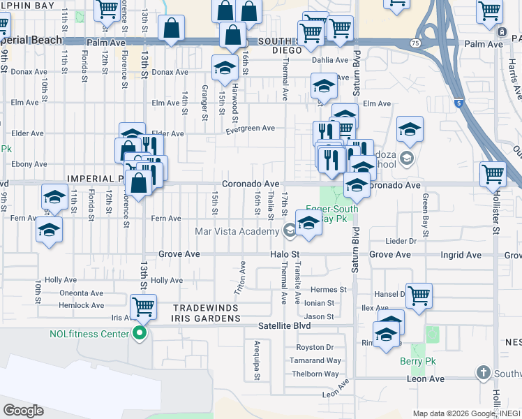 map of restaurants, bars, coffee shops, grocery stores, and more near 1177 16th Street in San Diego