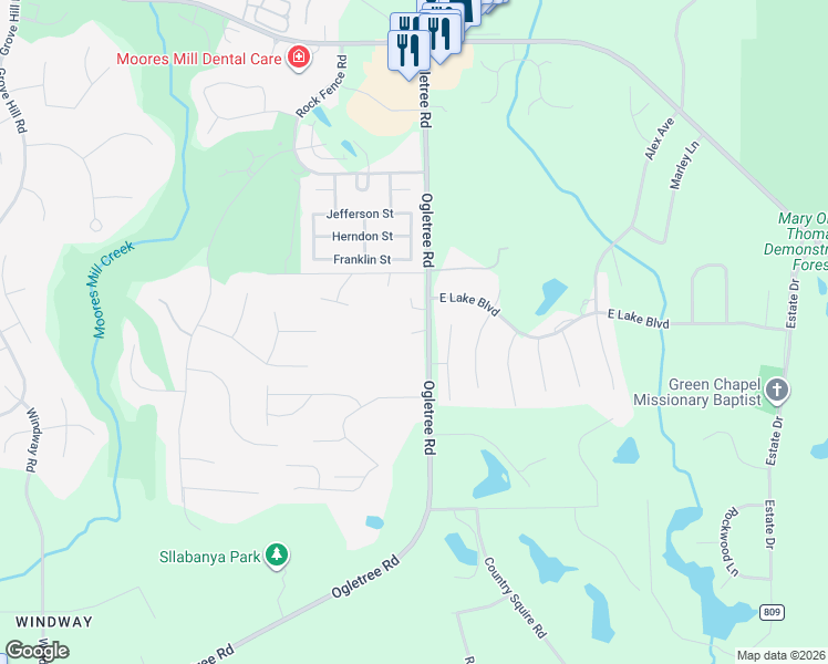 map of restaurants, bars, coffee shops, grocery stores, and more near 1409 Ogletree Road in Auburn