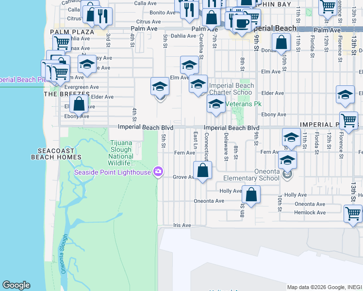 map of restaurants, bars, coffee shops, grocery stores, and more near 1172 Louden Lane in Imperial Beach