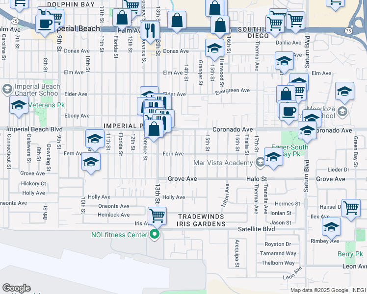 map of restaurants, bars, coffee shops, grocery stores, and more near 1162 14th Street in Imperial Beach