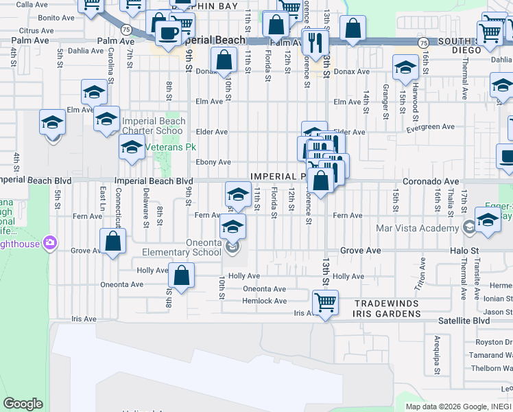 map of restaurants, bars, coffee shops, grocery stores, and more near 1166 Florida Street in Imperial Beach