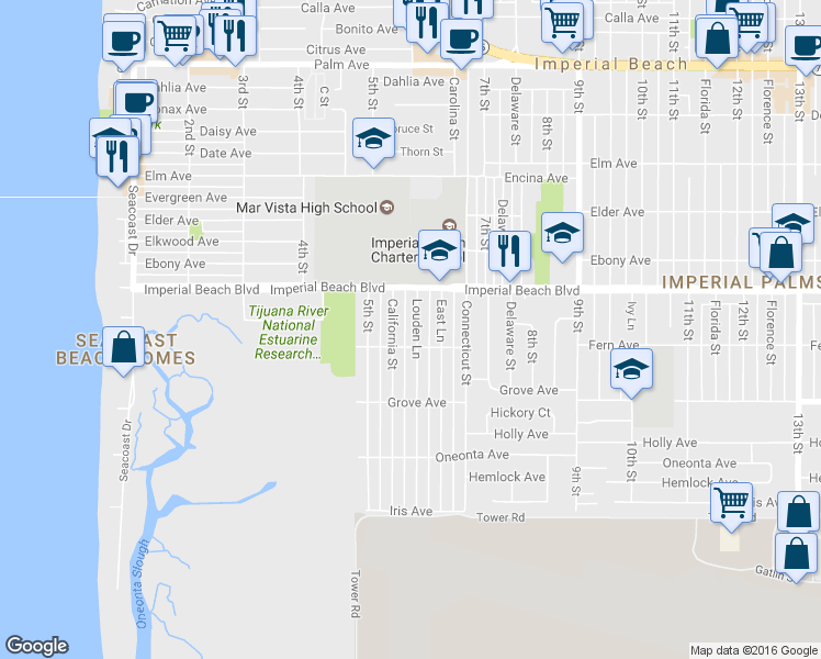 map of restaurants, bars, coffee shops, grocery stores, and more near 1151 California Street in Imperial Beach