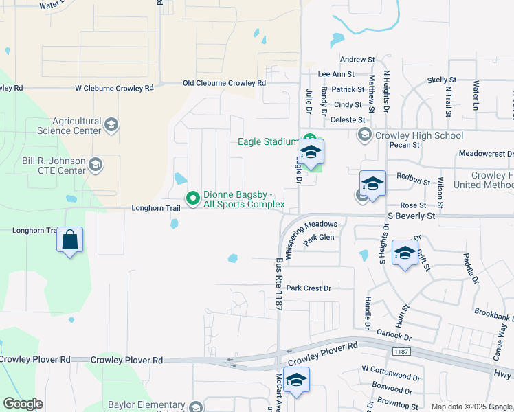 map of restaurants, bars, coffee shops, grocery stores, and more near 1501 Longhorn Trail in Crowley
