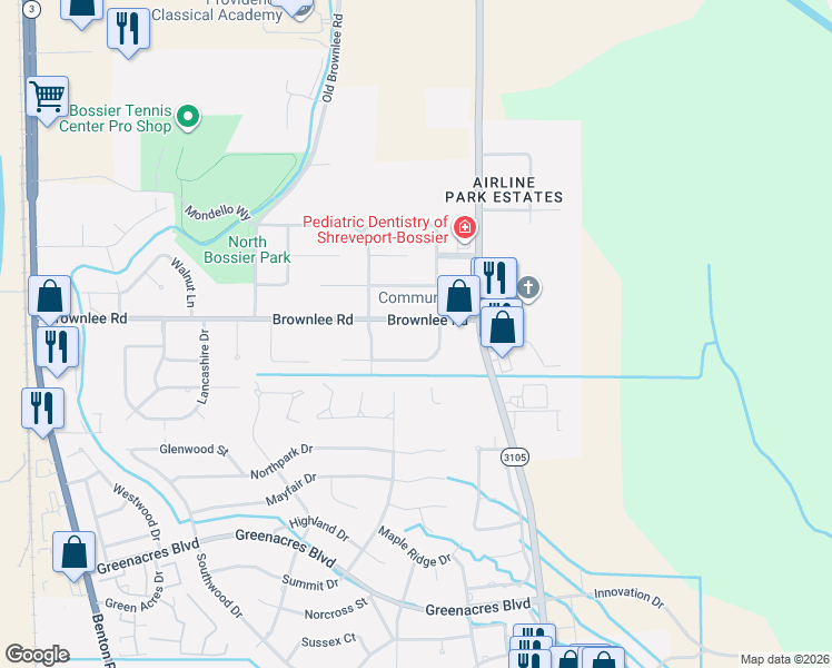 map of restaurants, bars, coffee shops, grocery stores, and more near 2608 Brownlee Road in Bossier City