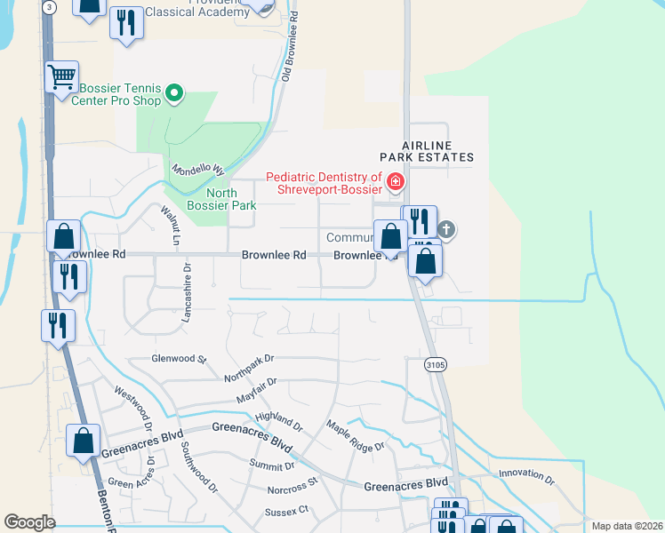 map of restaurants, bars, coffee shops, grocery stores, and more near 2608 Brownlee Road in Bossier City