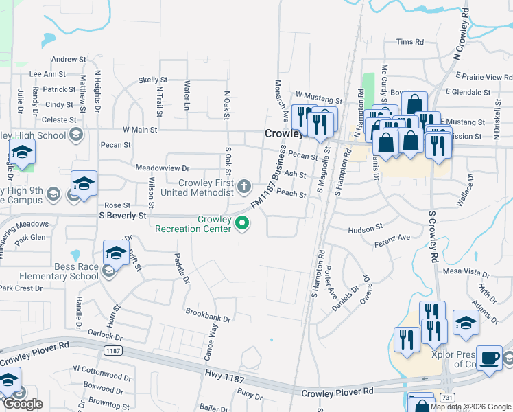 map of restaurants, bars, coffee shops, grocery stores, and more near 509 Peach Street in Crowley
