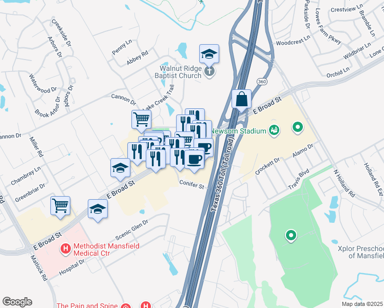 map of restaurants, bars, coffee shops, grocery stores, and more near 3240 East Broad Street in Mansfield