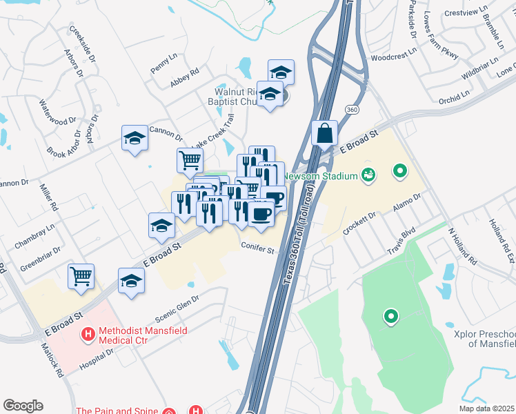 map of restaurants, bars, coffee shops, grocery stores, and more near 3240 East Broad Street in Mansfield