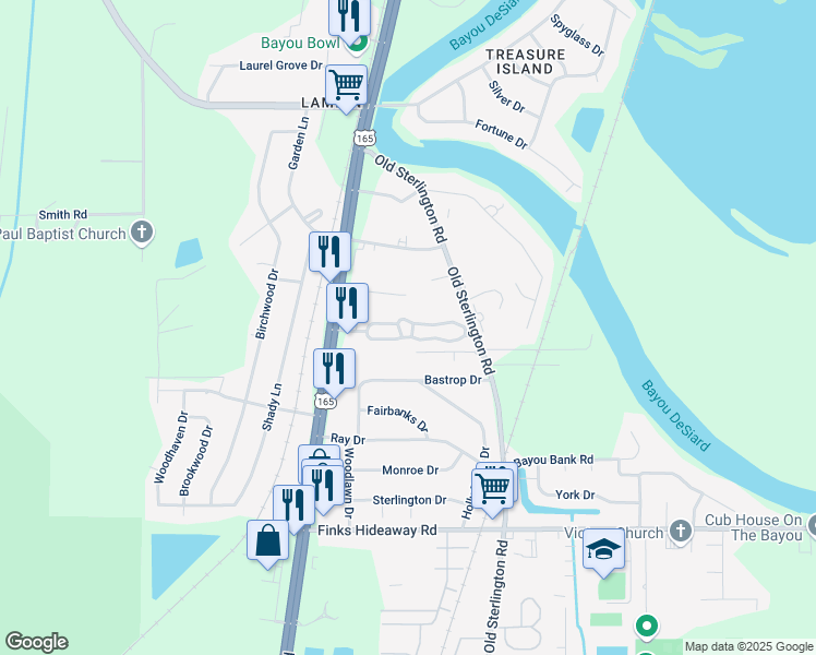 map of restaurants, bars, coffee shops, grocery stores, and more near 325 Chauvin Pointe Drive in Monroe