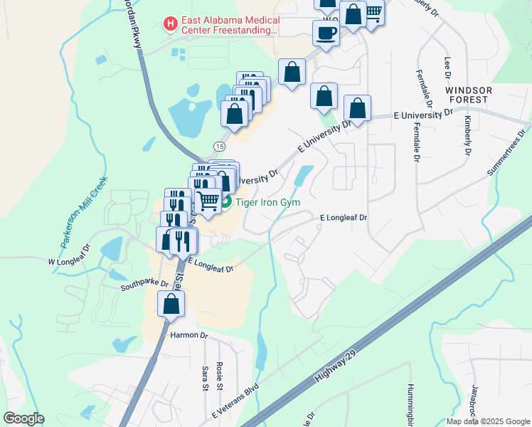 map of restaurants, bars, coffee shops, grocery stores, and more near 149 Southside Circle in Auburn