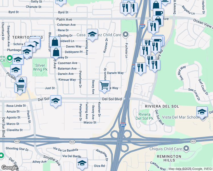 map of restaurants, bars, coffee shops, grocery stores, and more near 1185 Ransom Street in San Diego
