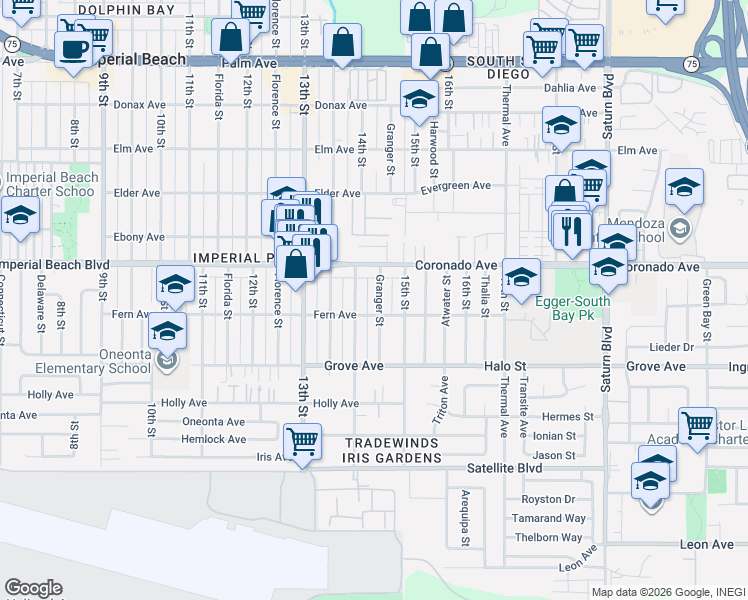 map of restaurants, bars, coffee shops, grocery stores, and more near 1149 Granger Street in Imperial Beach