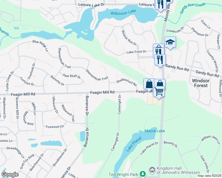 map of restaurants, bars, coffee shops, grocery stores, and more near 100 South Oaks Lane in Warner Robins