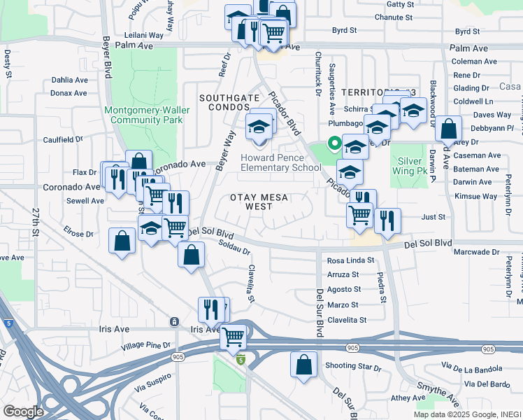 map of restaurants, bars, coffee shops, grocery stores, and more near 3340 Del Sol Boulevard in San Diego
