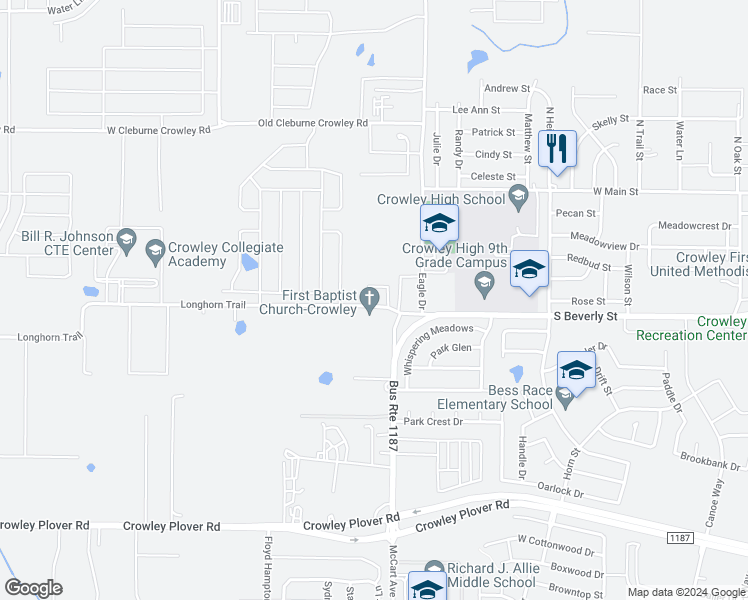 map of restaurants, bars, coffee shops, grocery stores, and more near 311 West Briar Circle in Crowley