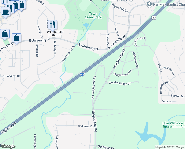 map of restaurants, bars, coffee shops, grocery stores, and more near 1728 Old Wrights Mill Road in Auburn