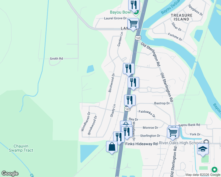 map of restaurants, bars, coffee shops, grocery stores, and more near 426 Birchwood Drive in Monroe