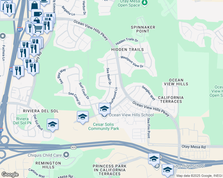 map of restaurants, bars, coffee shops, grocery stores, and more near 1215 Sea Reef Drive in San Diego