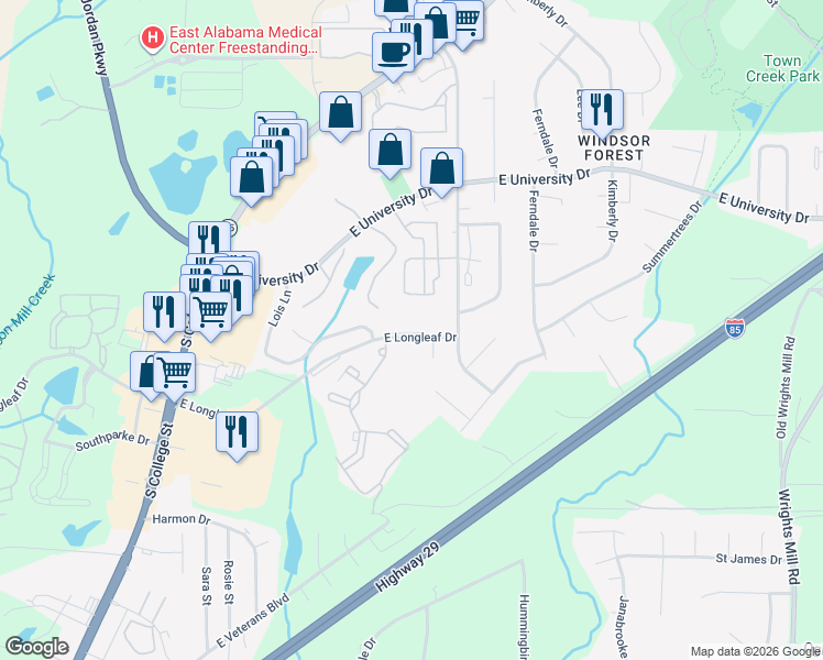 map of restaurants, bars, coffee shops, grocery stores, and more near 367 West Longleaf Drive in Auburn
