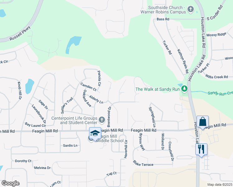 map of restaurants, bars, coffee shops, grocery stores, and more near 107 Timberlane Avenue in Warner Robins