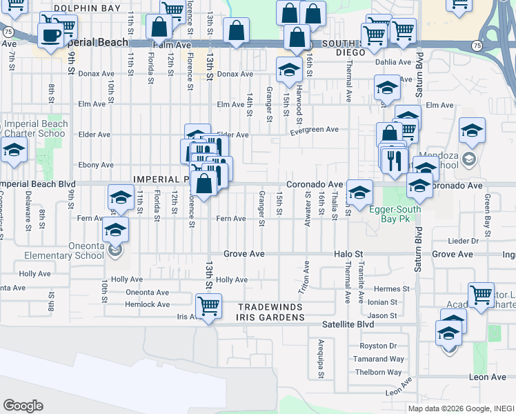 map of restaurants, bars, coffee shops, grocery stores, and more near 1149 Granger Street in Imperial Beach