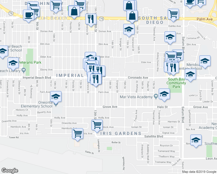 map of restaurants, bars, coffee shops, grocery stores, and more near 1162 14th Street in Imperial Beach